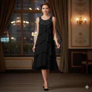 Elegant Charm Black Tiered Evening Dress with Beaded Neckline